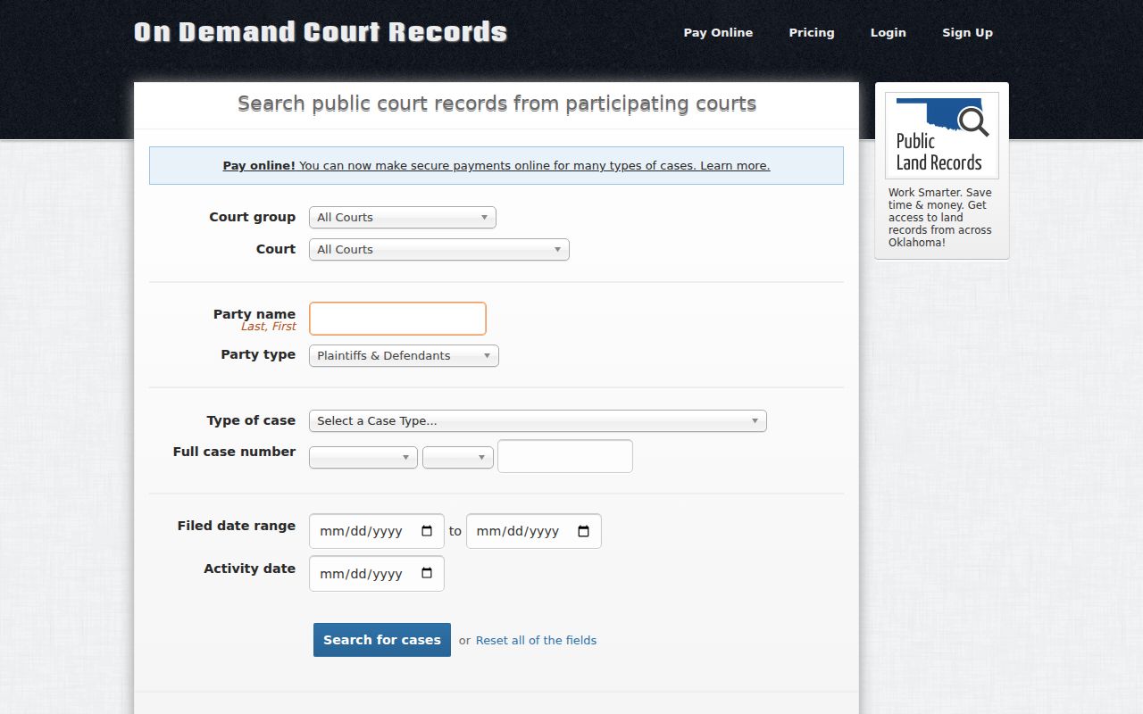 ODCR court and party search interface used for Johnston County records