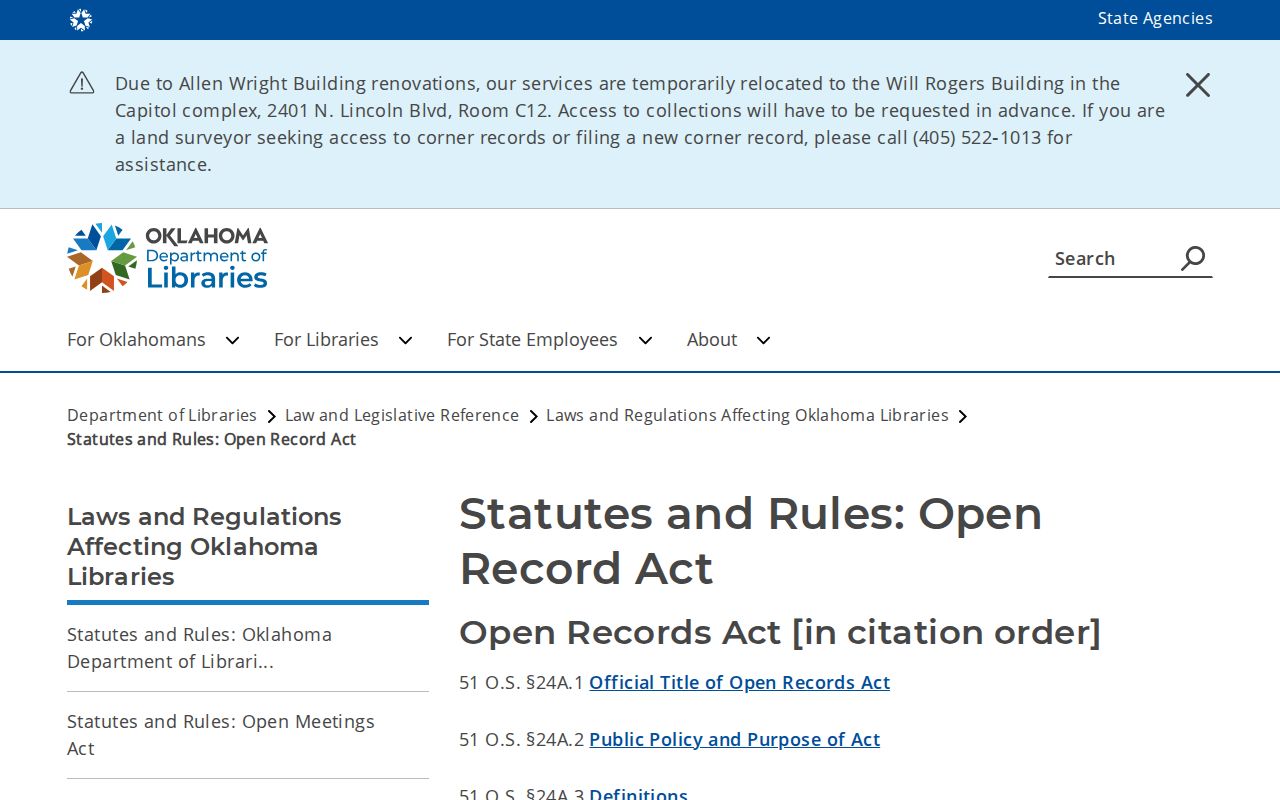 Oklahoma Open Records Act Title 51 section index