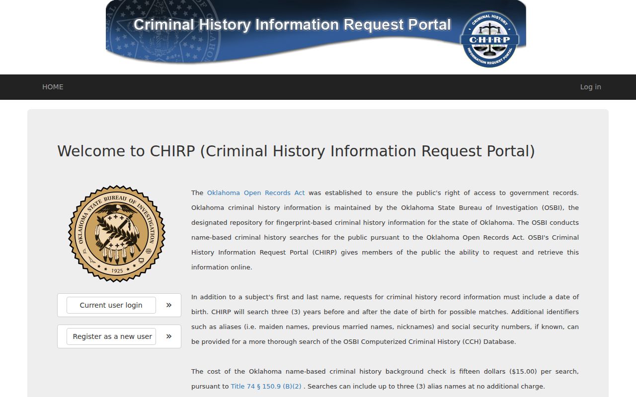 OSBI CHIRP criminal-history search page, distinct from a warrant search