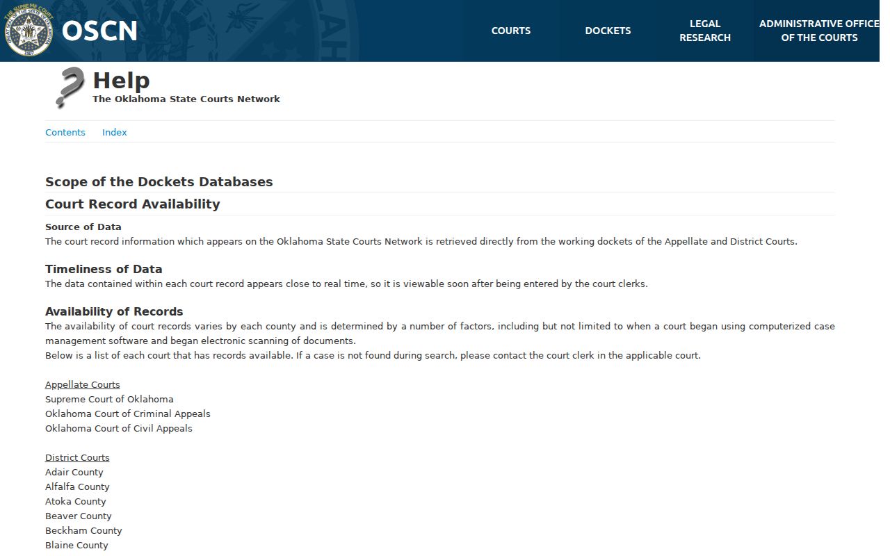 OSCN working-docket guidance showing court-search limits
